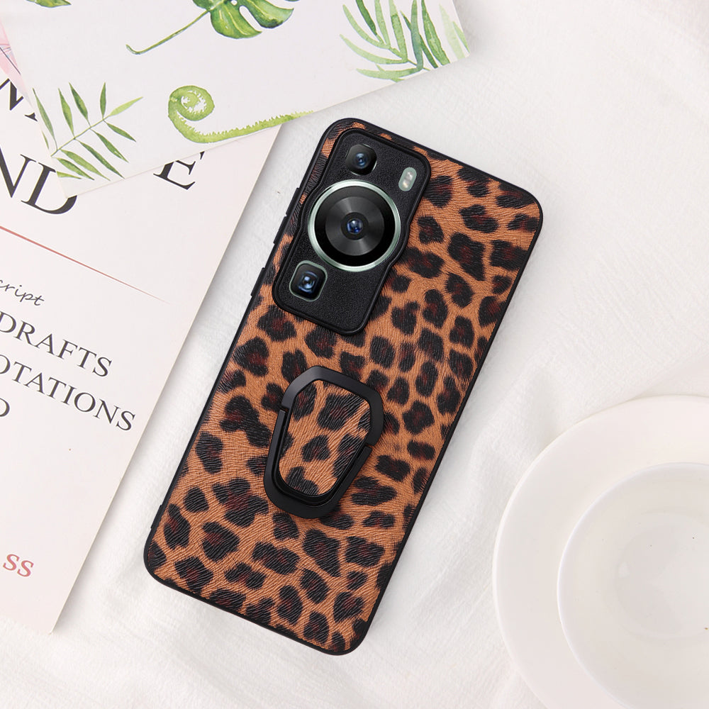 For Huawei P60 Pro Fall Proof Phone Case Textured PU Leather Coated TPU+PC Cover with Kickstand