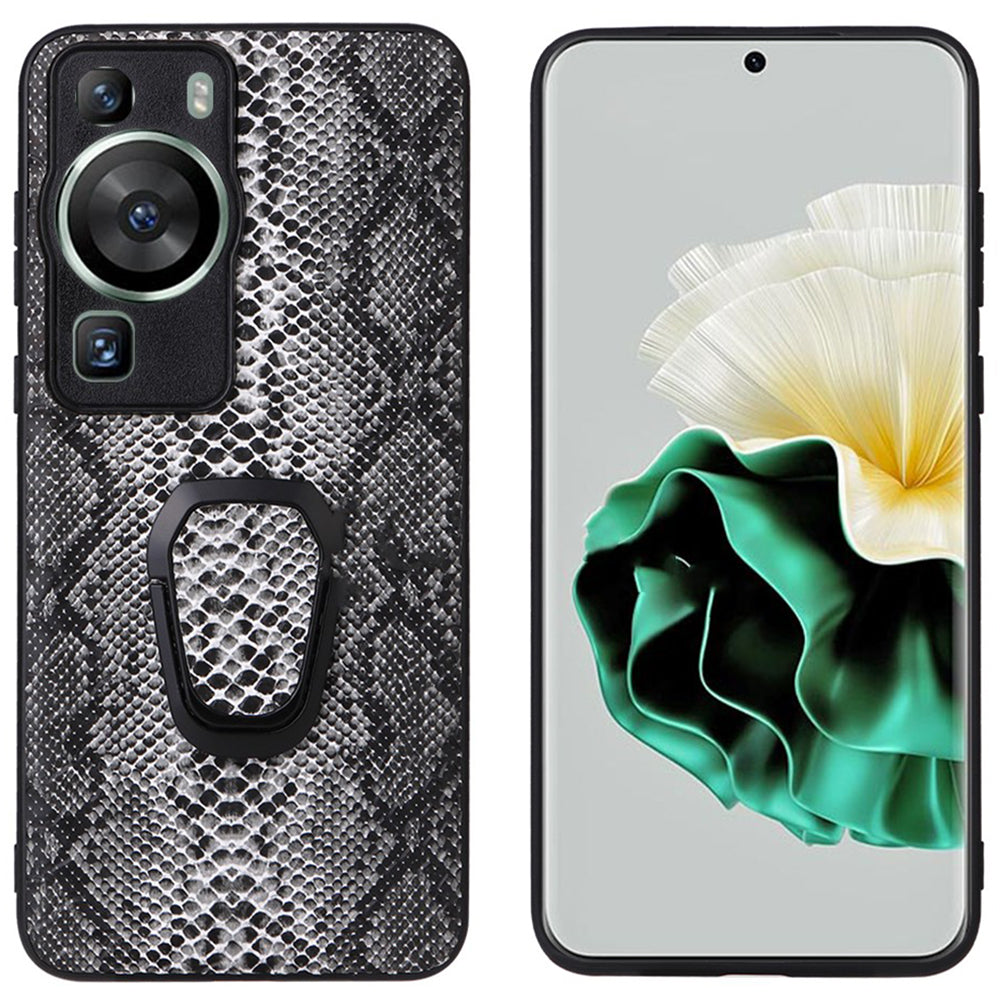 For Huawei P60 Pro Fall Proof Phone Case Textured PU Leather Coated TPU+PC Cover with Kickstand
