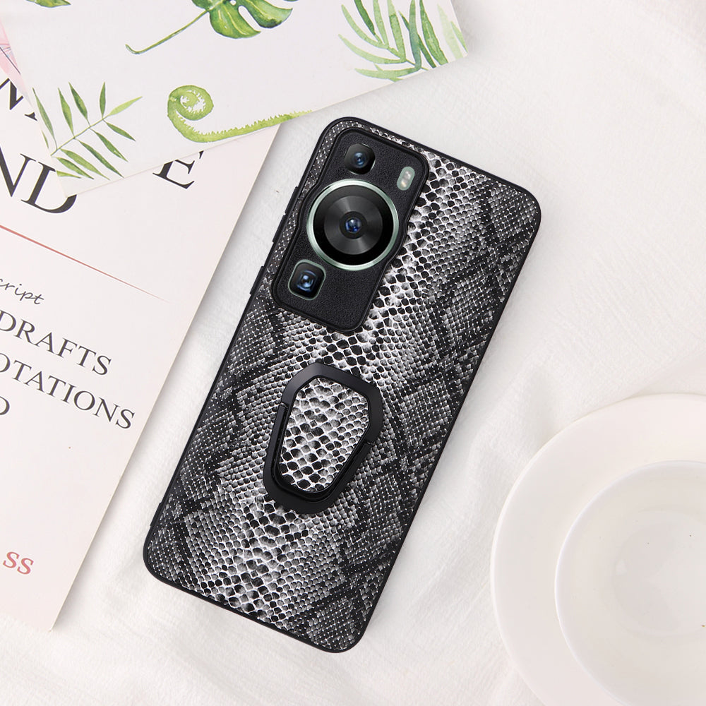 For Huawei P60 Pro Fall Proof Phone Case Textured PU Leather Coated TPU+PC Cover with Kickstand
