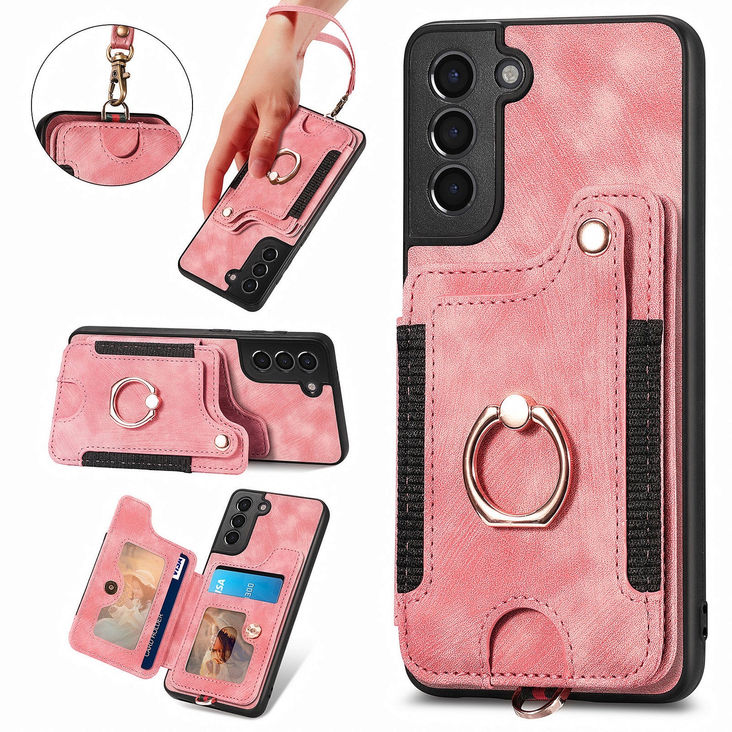 Kickstand Cover for Samsung Galaxy S21 4G / 5G PU Leather Coated PC+TPU RFID Blocking Card Slots Phone Case