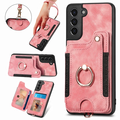 Kickstand Cover for Samsung Galaxy S21 4G / 5G PU Leather Coated PC+TPU RFID Blocking Card Slots Phone Case