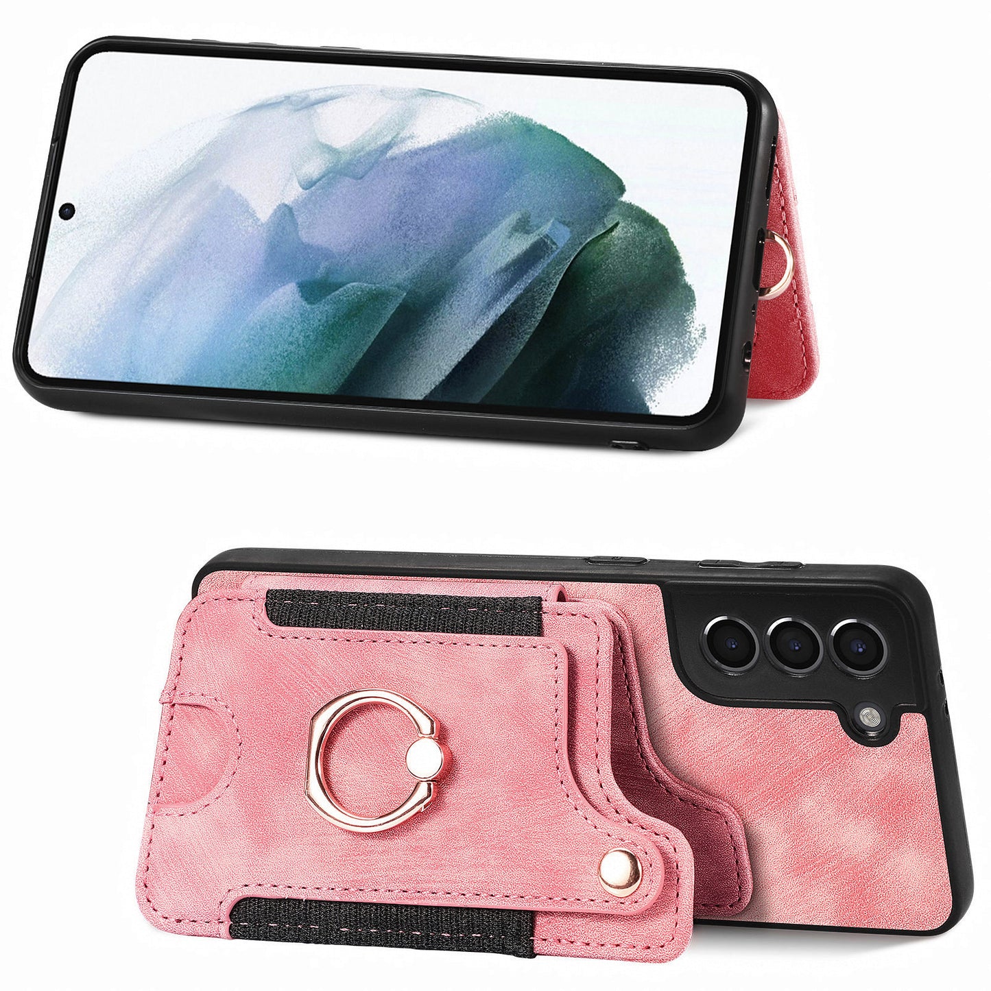 Kickstand Cover for Samsung Galaxy S21 4G / 5G PU Leather Coated PC+TPU RFID Blocking Card Slots Phone Case