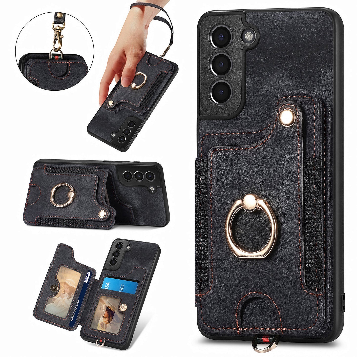 Kickstand Cover for Samsung Galaxy S21 4G / 5G PU Leather Coated PC+TPU RFID Blocking Card Slots Phone Case