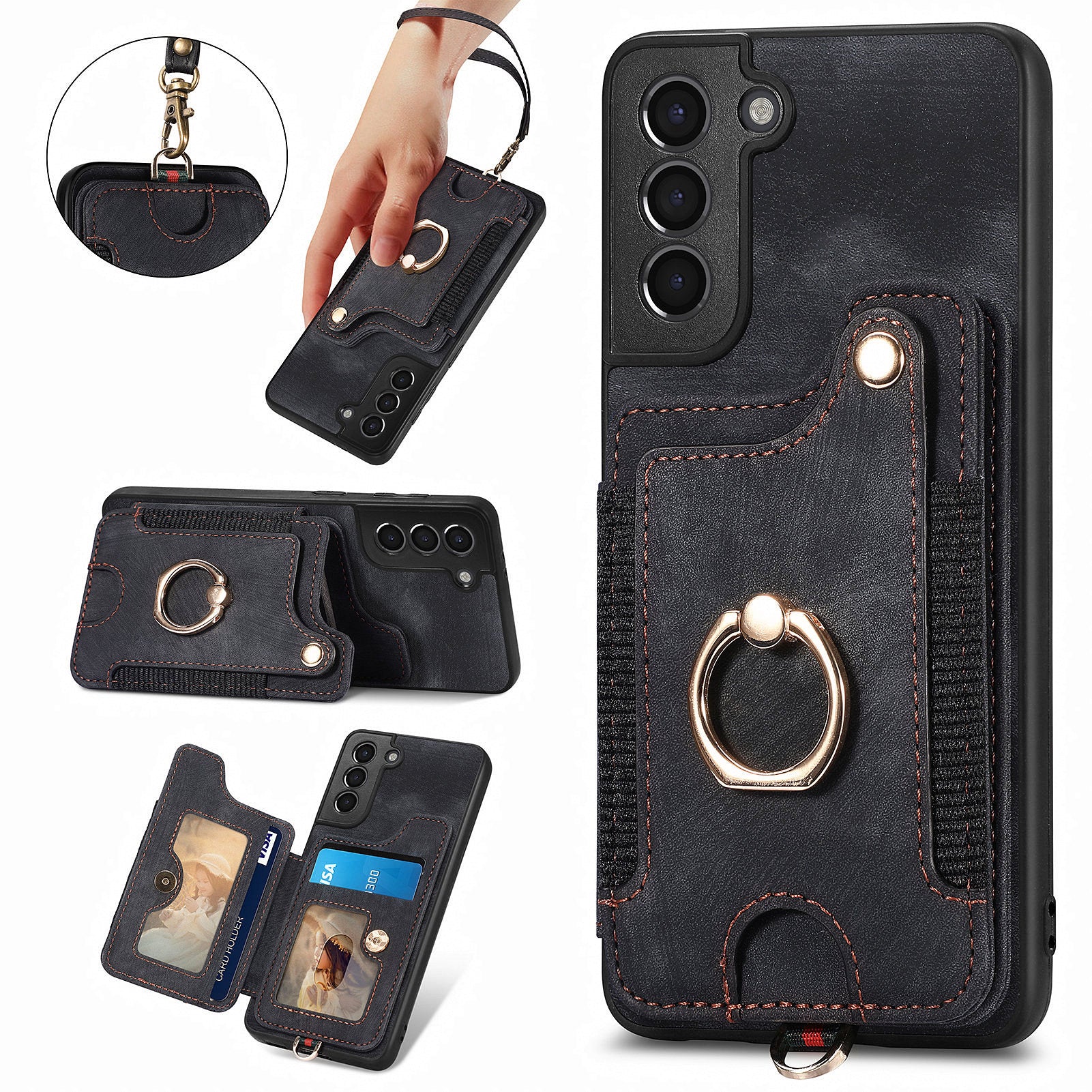 Kickstand Cover for Samsung Galaxy S21 4G / 5G PU Leather Coated PC+TPU RFID Blocking Card Slots Phone Case