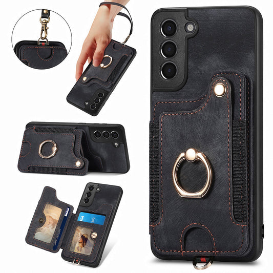 Kickstand Cover for Samsung Galaxy S21 4G / 5G PU Leather Coated PC+TPU RFID Blocking Card Slots Phone Case
