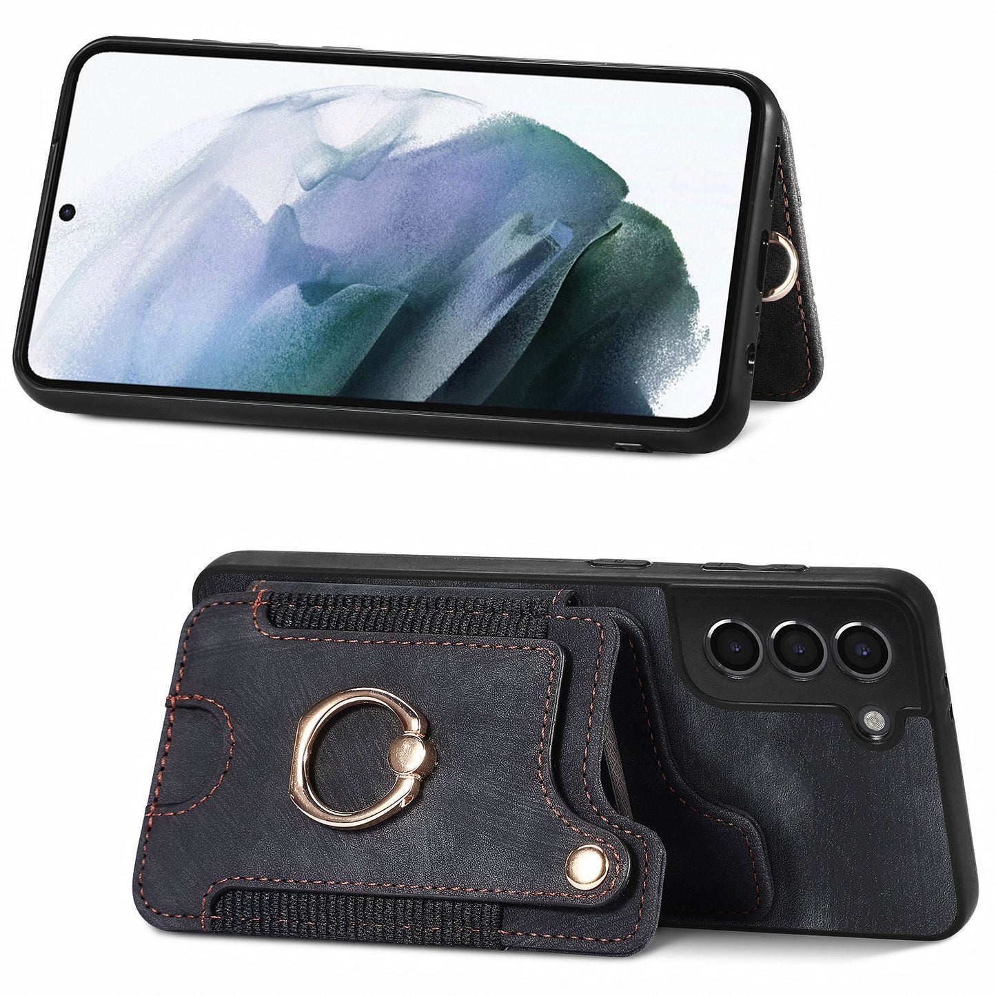 Kickstand Cover for Samsung Galaxy S21 4G / 5G PU Leather Coated PC+TPU RFID Blocking Card Slots Phone Case