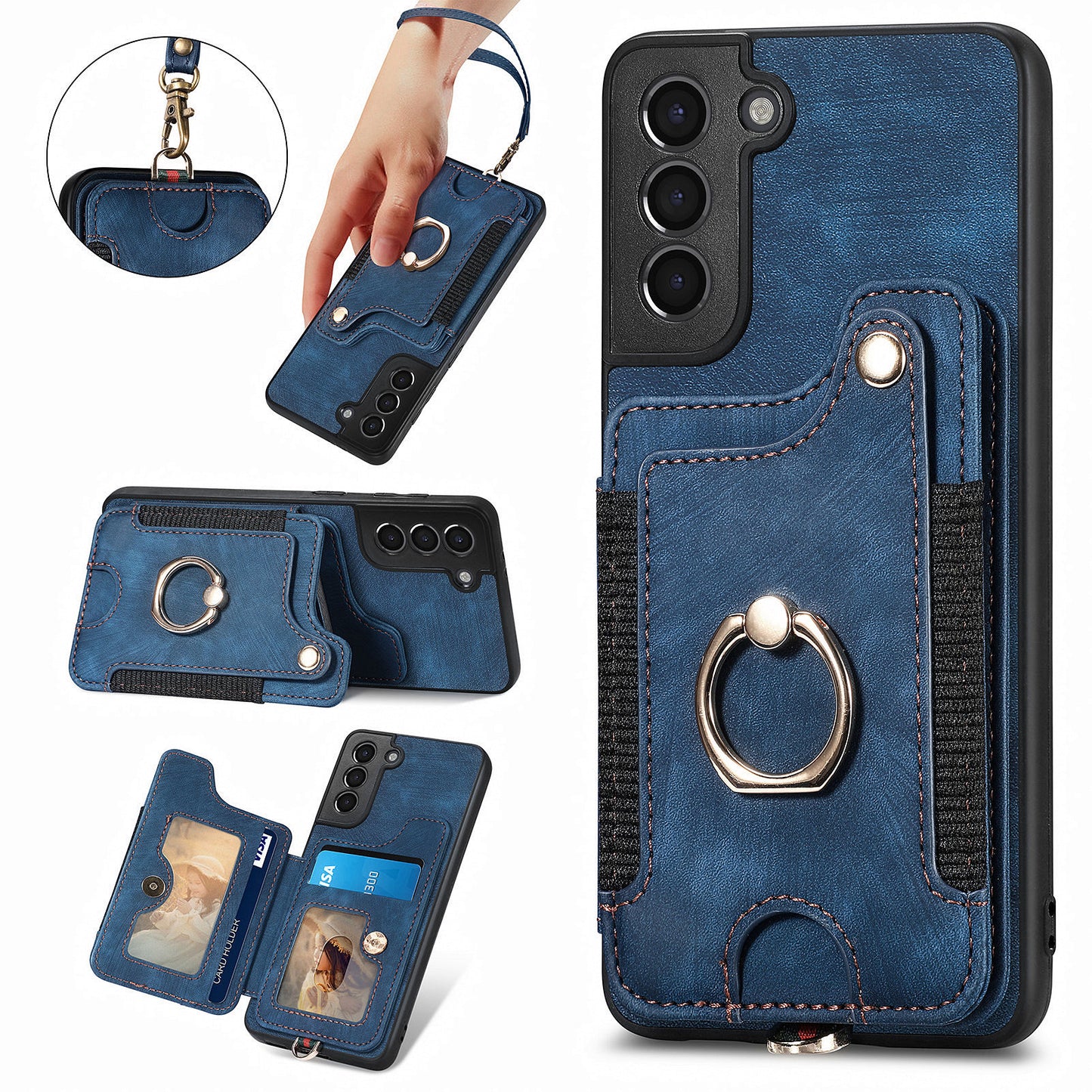 Kickstand Cover for Samsung Galaxy S21 4G / 5G PU Leather Coated PC+TPU RFID Blocking Card Slots Phone Case