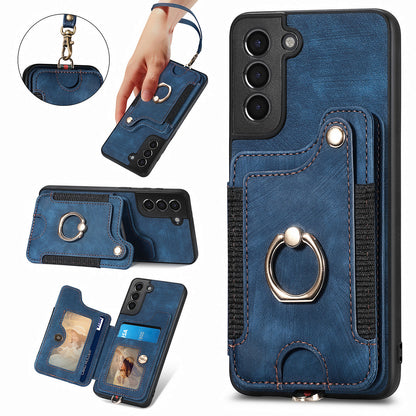 Kickstand Cover for Samsung Galaxy S21 4G / 5G PU Leather Coated PC+TPU RFID Blocking Card Slots Phone Case