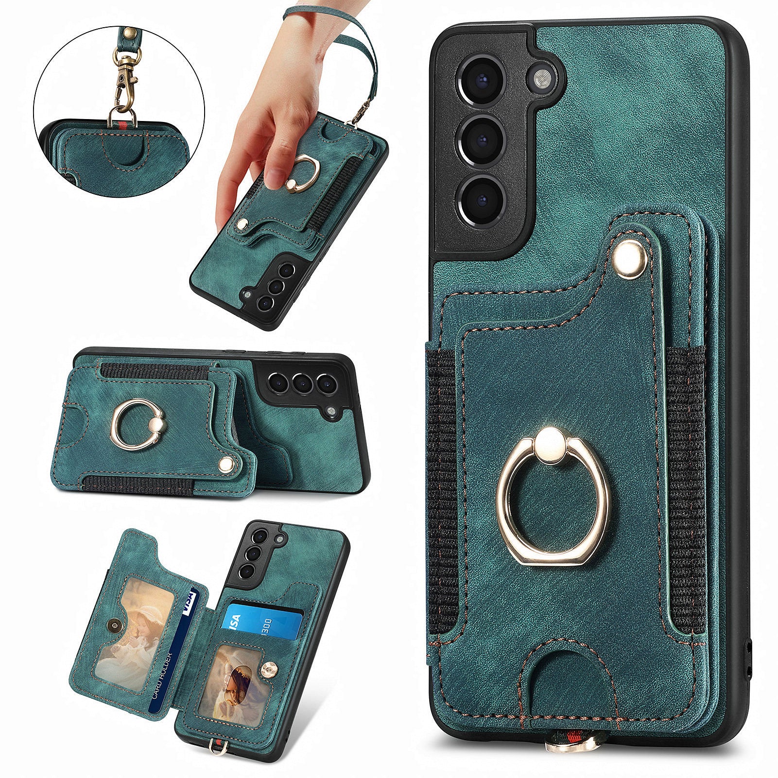 Kickstand Cover for Samsung Galaxy S21 4G / 5G PU Leather Coated PC+TPU RFID Blocking Card Slots Phone Case