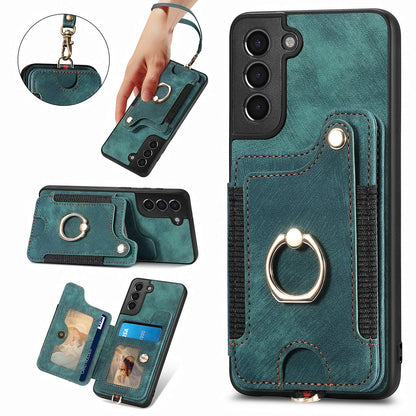 Kickstand Cover for Samsung Galaxy S21 4G / 5G PU Leather Coated PC+TPU RFID Blocking Card Slots Phone Case