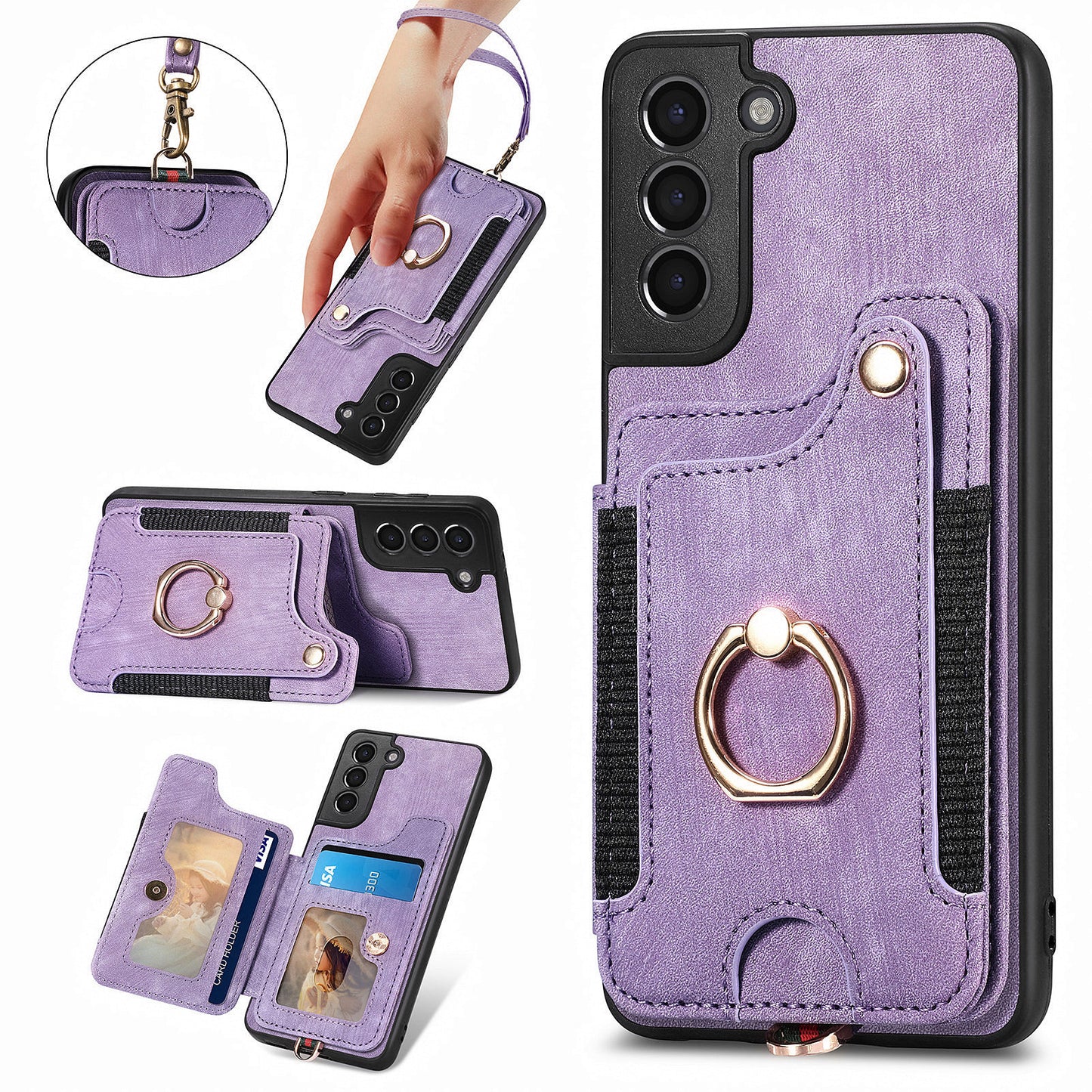 Kickstand Cover for Samsung Galaxy S21 4G / 5G PU Leather Coated PC+TPU RFID Blocking Card Slots Phone Case