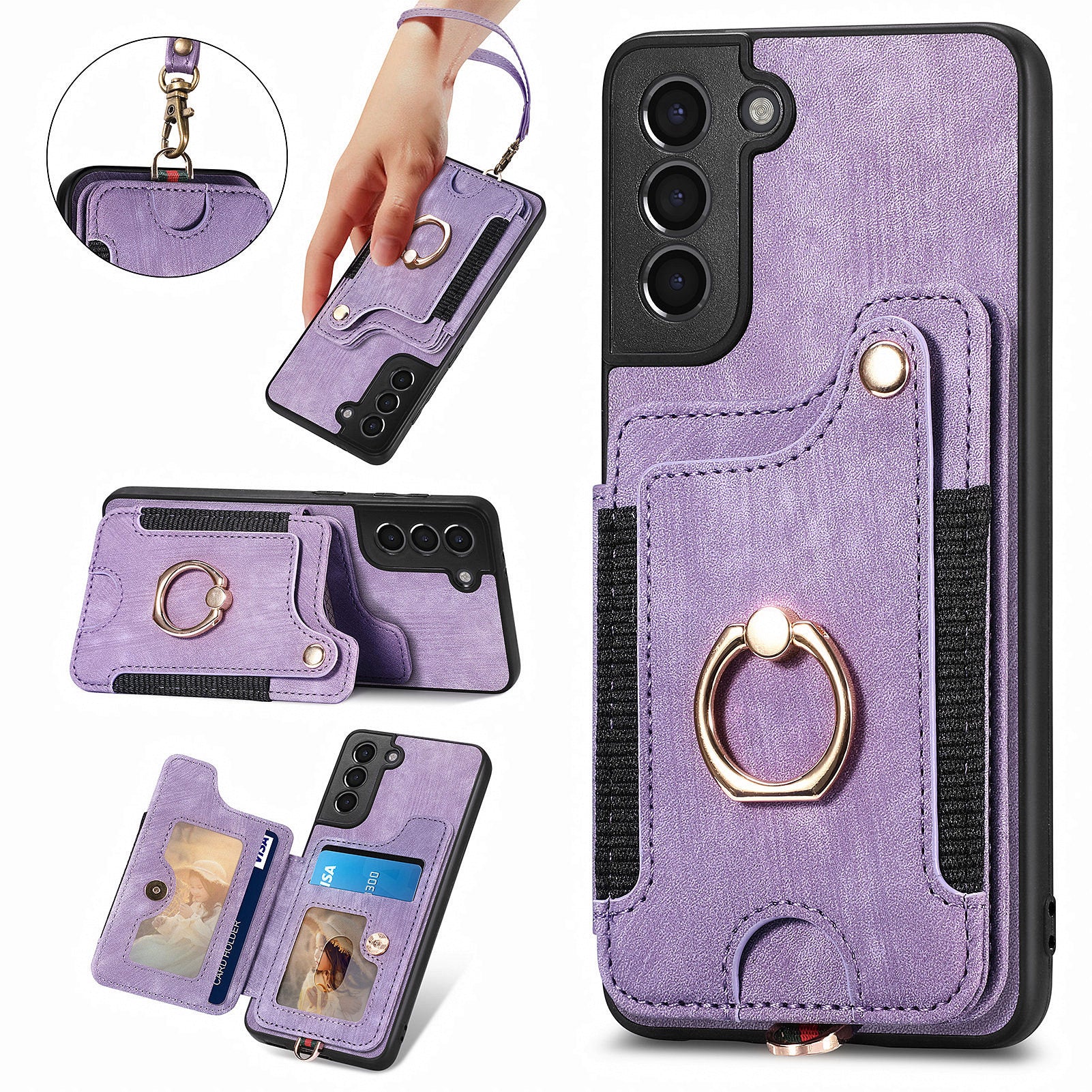 Kickstand Cover for Samsung Galaxy S21 4G / 5G PU Leather Coated PC+TPU RFID Blocking Card Slots Phone Case