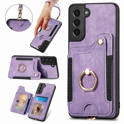 Kickstand Cover for Samsung Galaxy S21 4G / 5G PU Leather Coated PC+TPU RFID Blocking Card Slots Phone Case