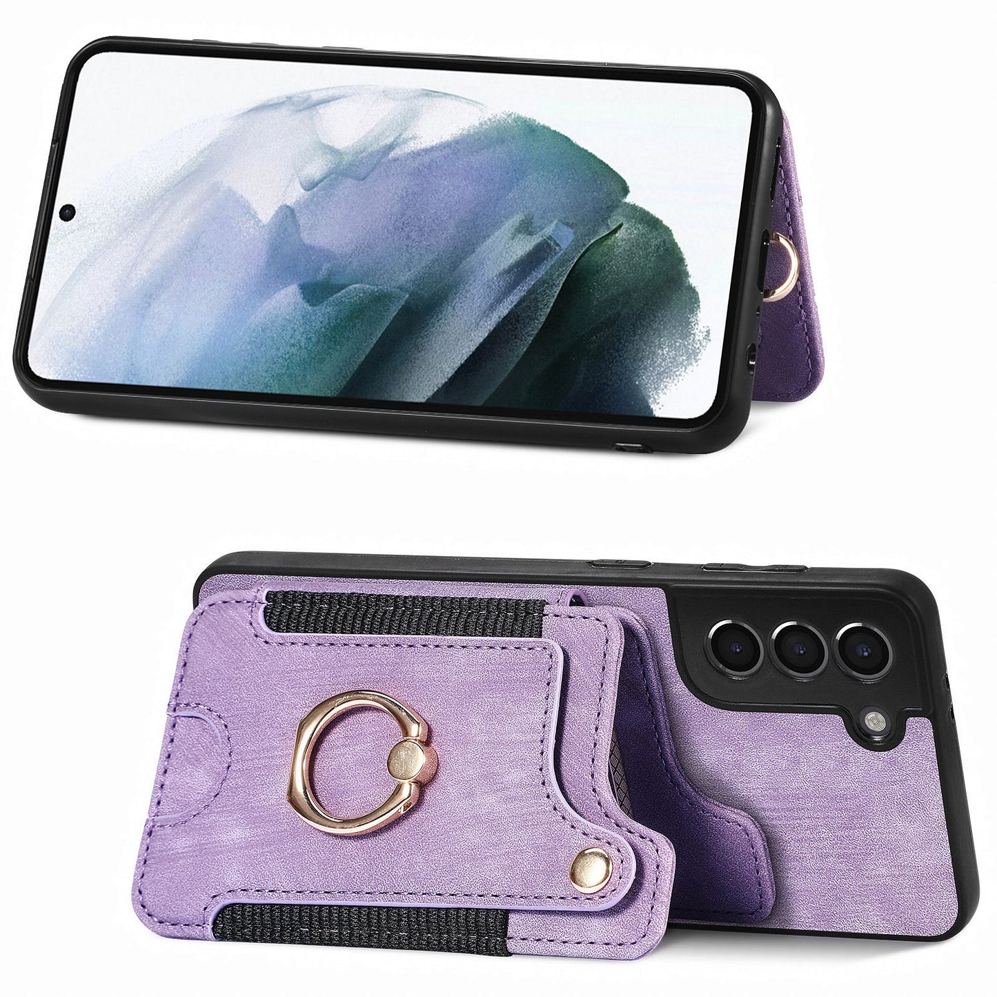 Kickstand Cover for Samsung Galaxy S21 4G / 5G PU Leather Coated PC+TPU RFID Blocking Card Slots Phone Case