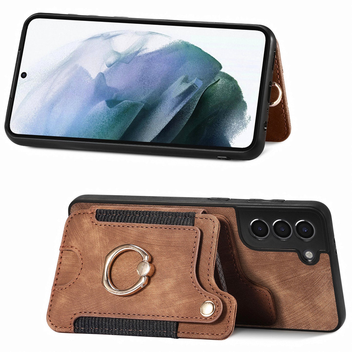 Kickstand Cover for Samsung Galaxy S21 4G / 5G PU Leather Coated PC+TPU RFID Blocking Card Slots Phone Case