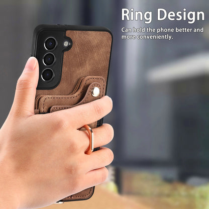 Kickstand Cover for Samsung Galaxy S21 4G / 5G PU Leather Coated PC+TPU RFID Blocking Card Slots Phone Case