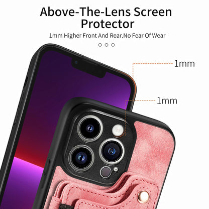 For iPhone 13 Pro Max Kickstand Card Slots Case PU Leather Coated PC+TPU RFID Blocking Phone Cover