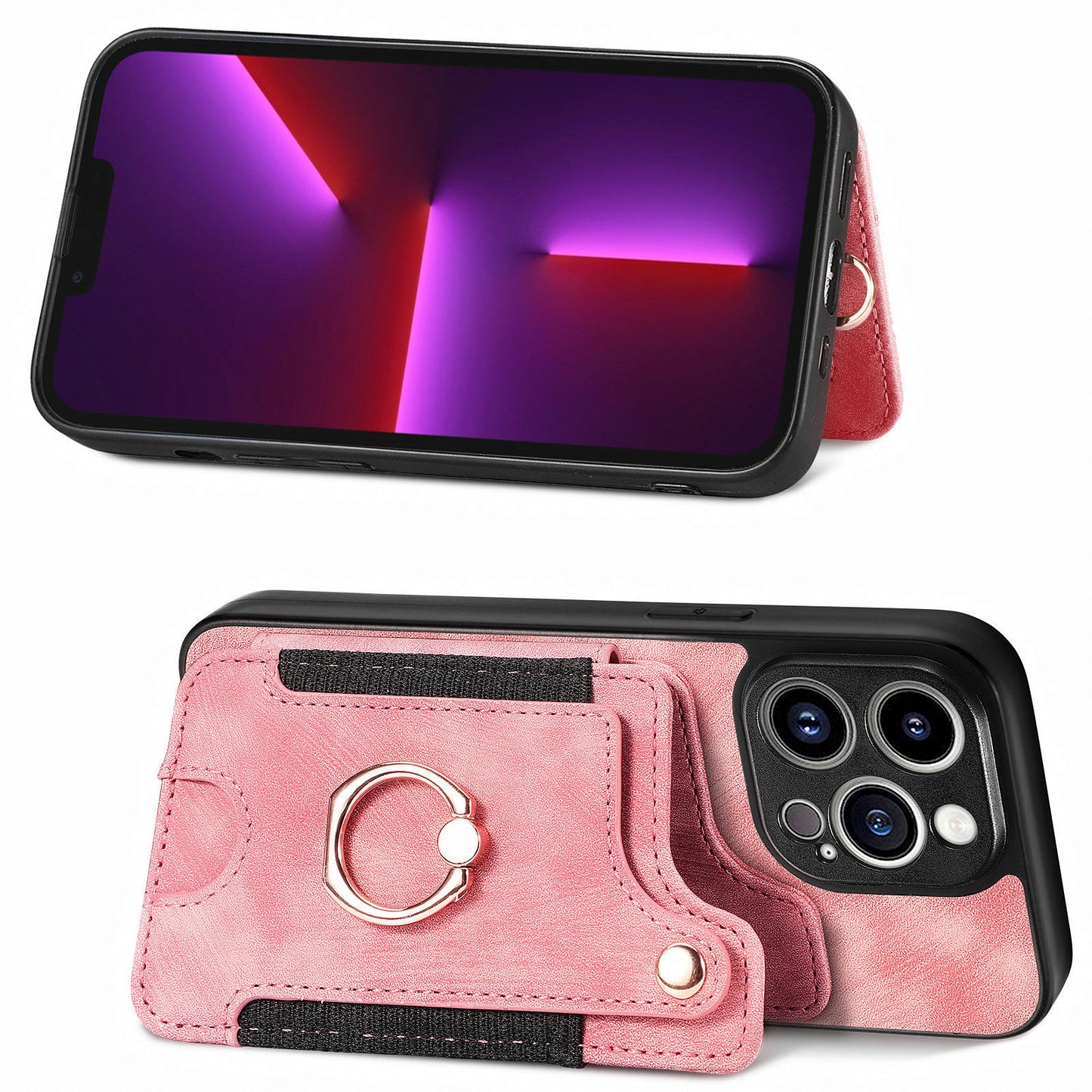 For iPhone 13 Pro Max Kickstand Card Slots Case PU Leather Coated PC+TPU RFID Blocking Phone Cover