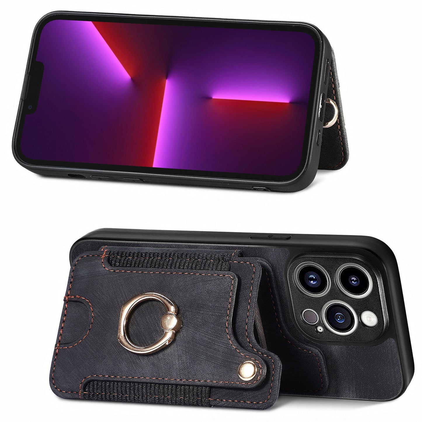 For iPhone 13 Pro Max Kickstand Card Slots Case PU Leather Coated PC+TPU RFID Blocking Phone Cover