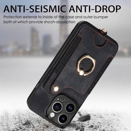 For iPhone 13 Pro Max Kickstand Card Slots Case PU Leather Coated PC+TPU RFID Blocking Phone Cover