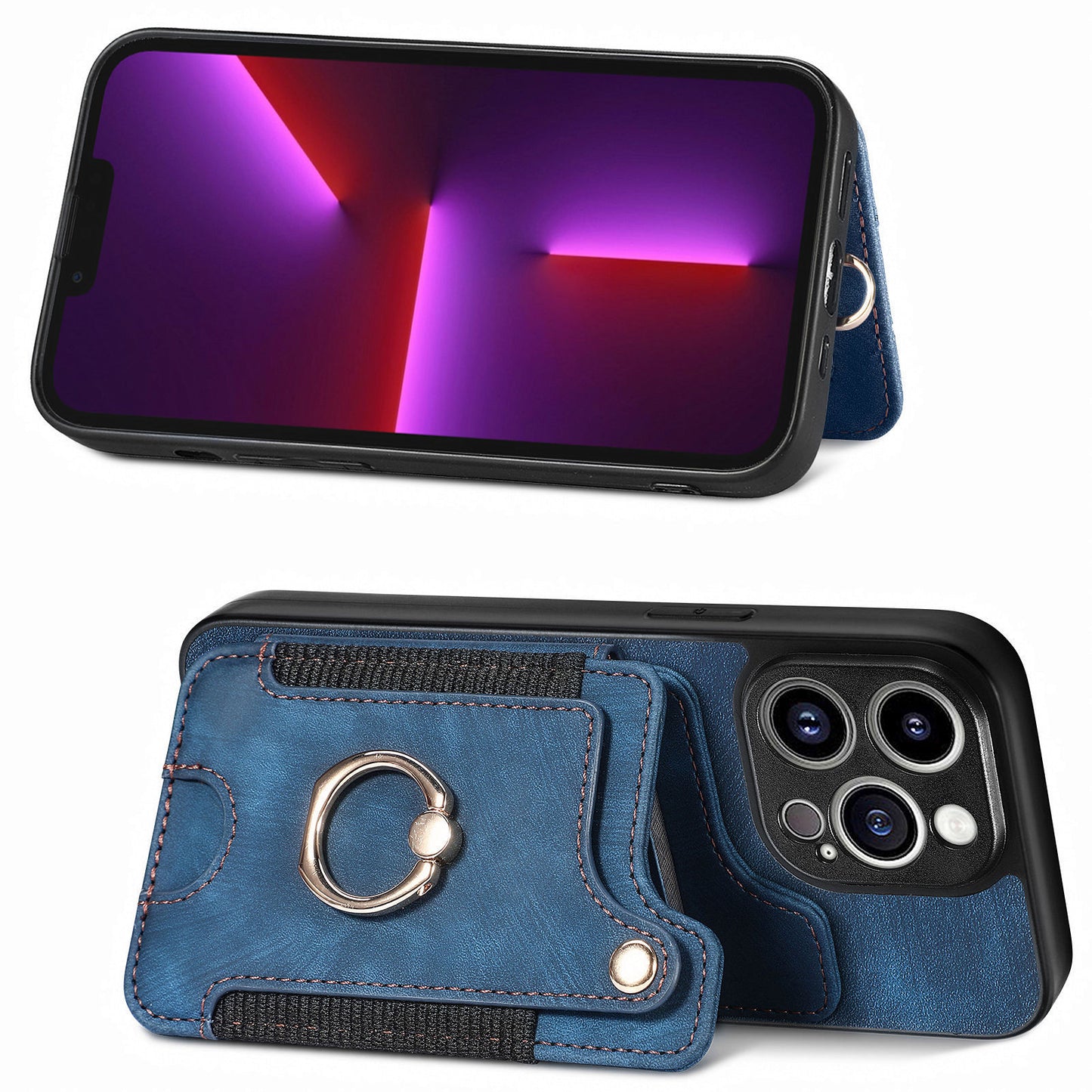 For iPhone 13 Pro Max Kickstand Card Slots Case PU Leather Coated PC+TPU RFID Blocking Phone Cover