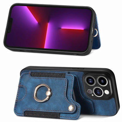 For iPhone 13 Pro Max Kickstand Card Slots Case PU Leather Coated PC+TPU RFID Blocking Phone Cover