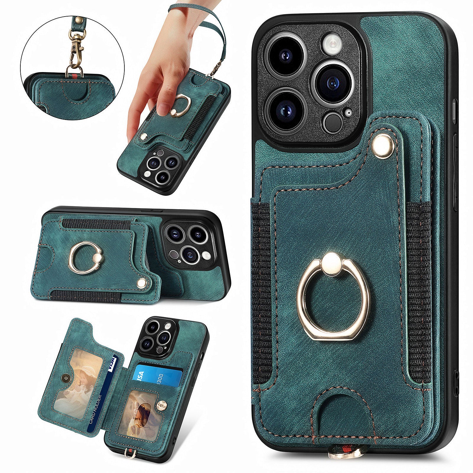 For iPhone 13 Pro Max Kickstand Card Slots Case PU Leather Coated PC+TPU RFID Blocking Phone Cover