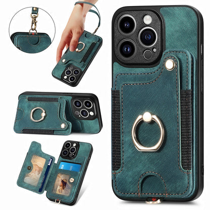 For iPhone 13 Pro Max Kickstand Card Slots Case PU Leather Coated PC+TPU RFID Blocking Phone Cover
