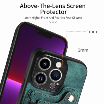 For iPhone 13 Pro Max Kickstand Card Slots Case PU Leather Coated PC+TPU RFID Blocking Phone Cover