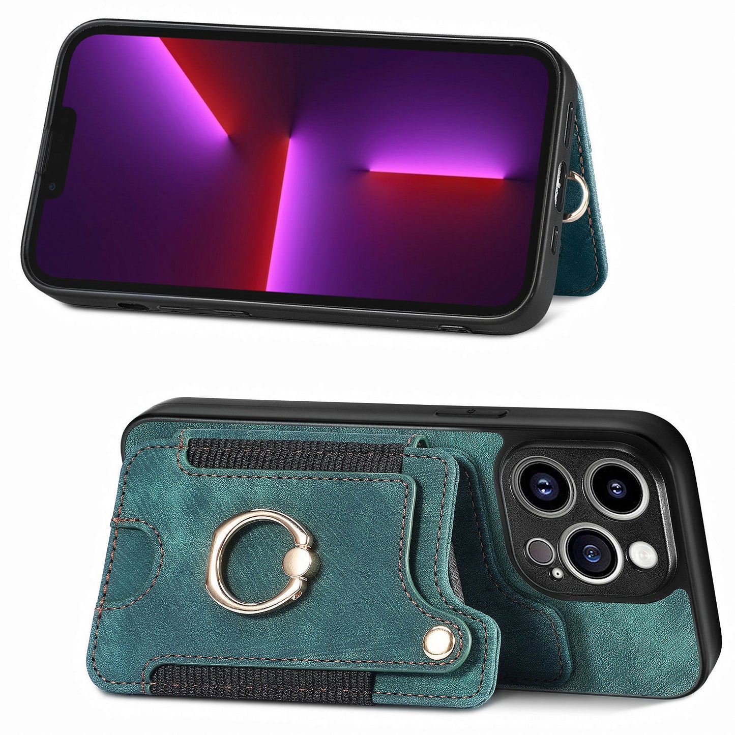 For iPhone 13 Pro Max Kickstand Card Slots Case PU Leather Coated PC+TPU RFID Blocking Phone Cover