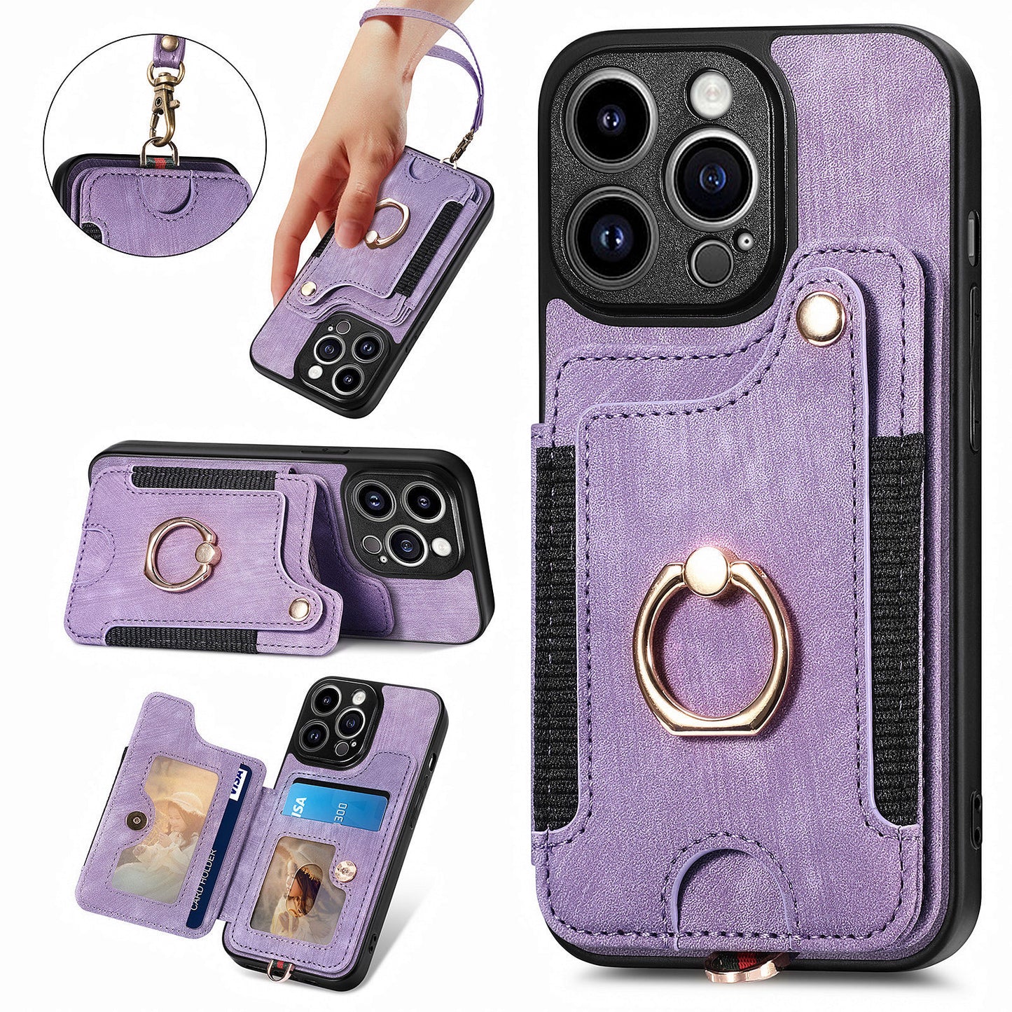 For iPhone 13 Pro Max Kickstand Card Slots Case PU Leather Coated PC+TPU RFID Blocking Phone Cover
