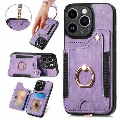For iPhone 13 Pro Max Kickstand Card Slots Case PU Leather Coated PC+TPU RFID Blocking Phone Cover