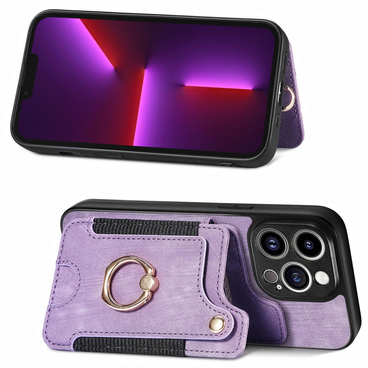 For iPhone 13 Pro Max Kickstand Card Slots Case PU Leather Coated PC+TPU RFID Blocking Phone Cover