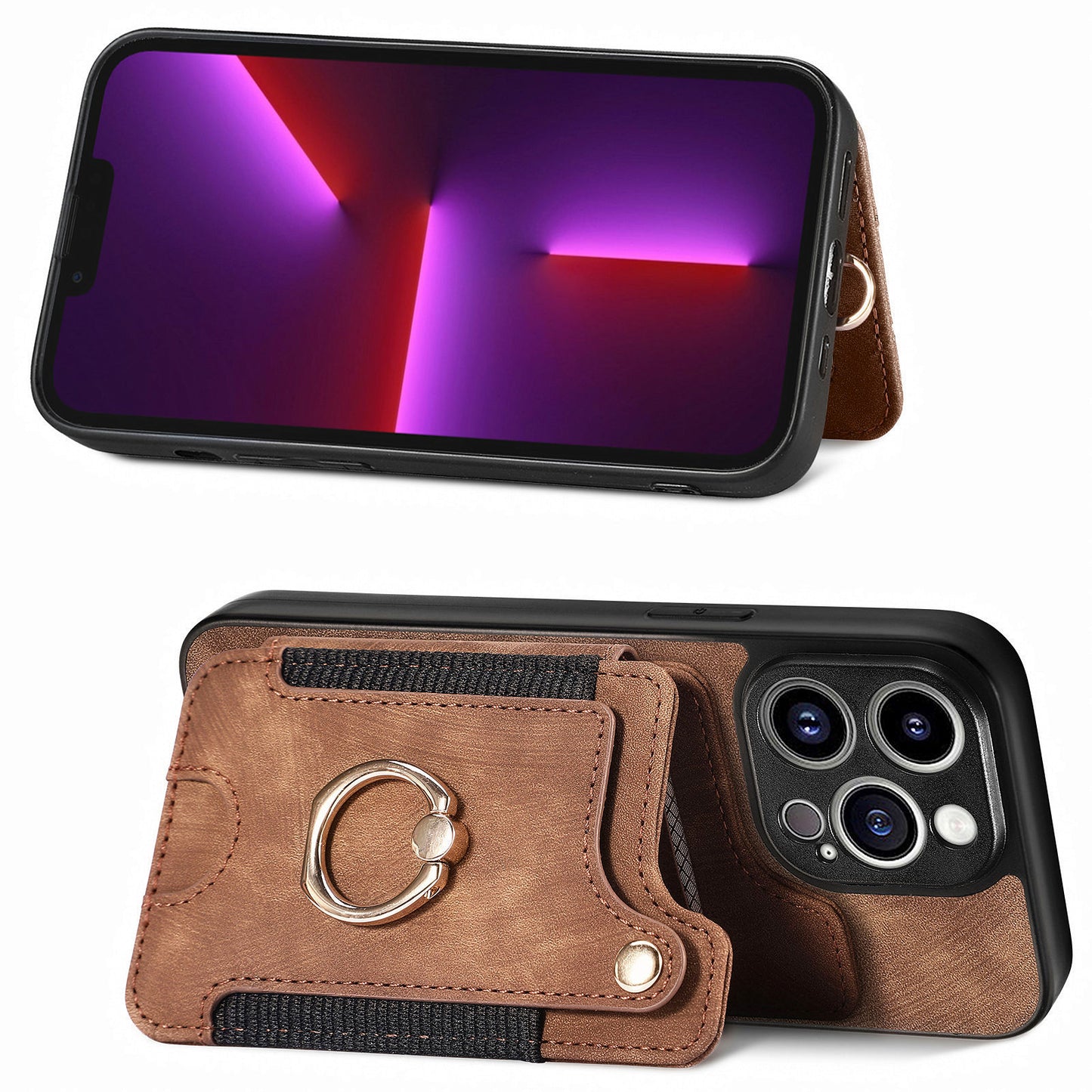 For iPhone 13 Pro Max Kickstand Card Slots Case PU Leather Coated PC+TPU RFID Blocking Phone Cover