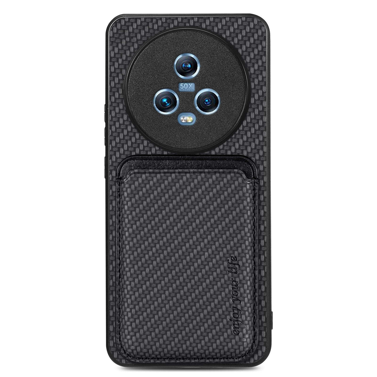 For Honor Magic5 Phone Case Carbon Fiber Texture Leather Coated PC+TPU Cover with Detachable Card Holder