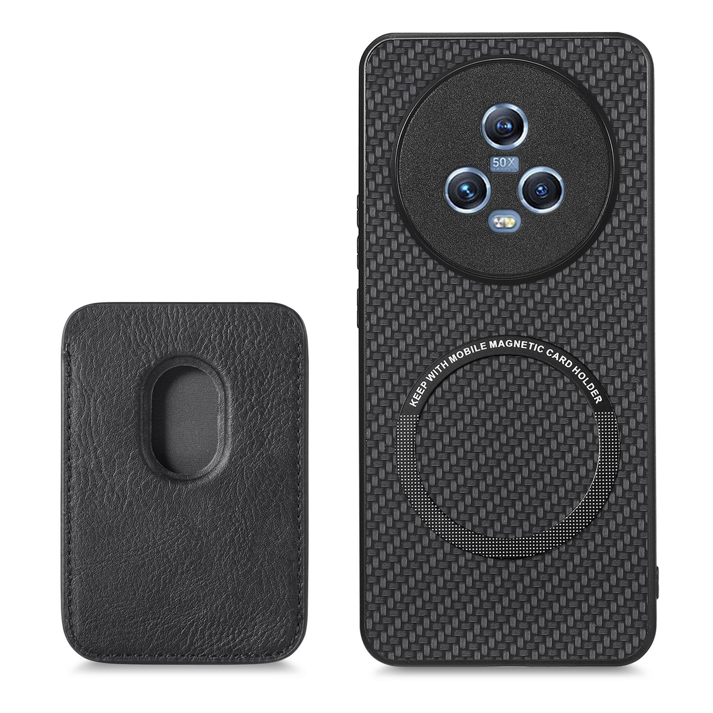 For Honor Magic5 Phone Case Carbon Fiber Texture Leather Coated PC+TPU Cover with Detachable Card Holder