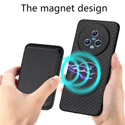 For Honor Magic5 Phone Case Carbon Fiber Texture Leather Coated PC+TPU Cover with Detachable Card Holder