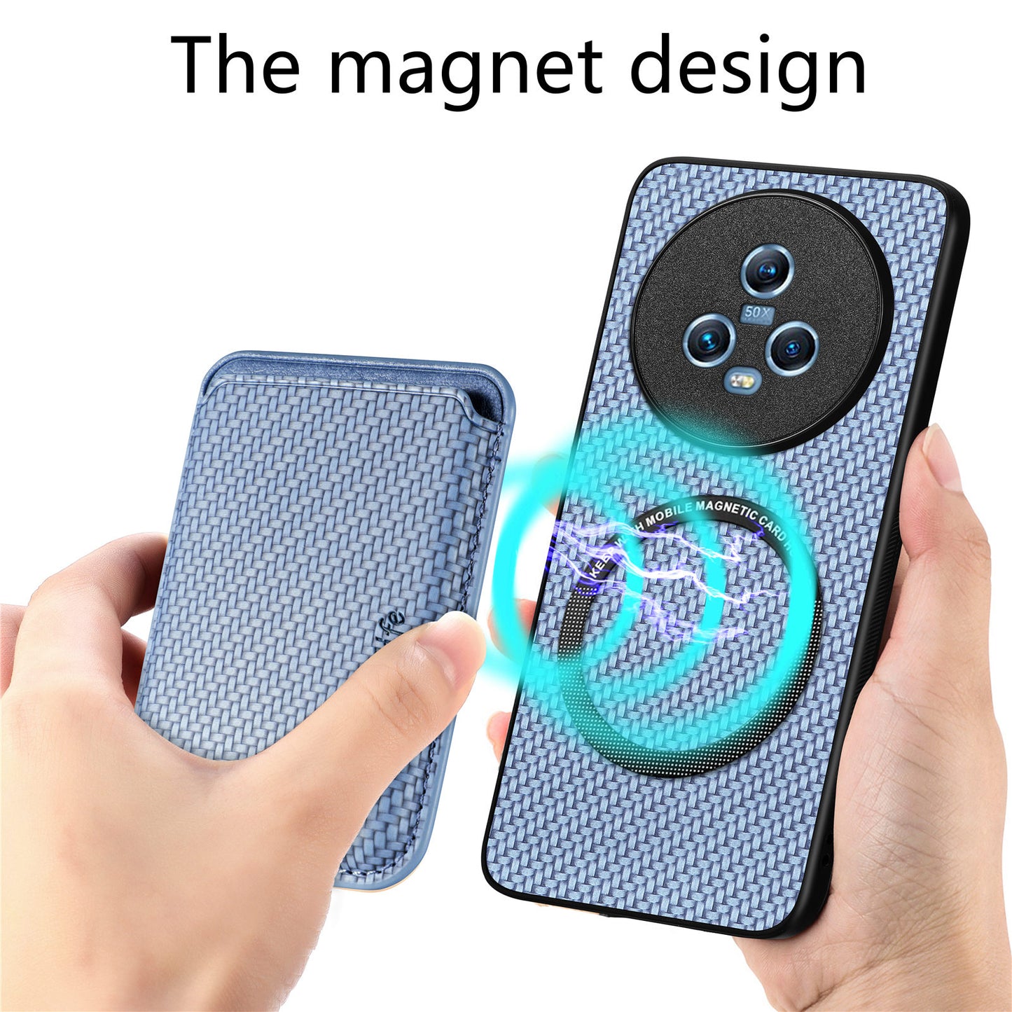 For Honor Magic5 Phone Case Carbon Fiber Texture Leather Coated PC+TPU Cover with Detachable Card Holder