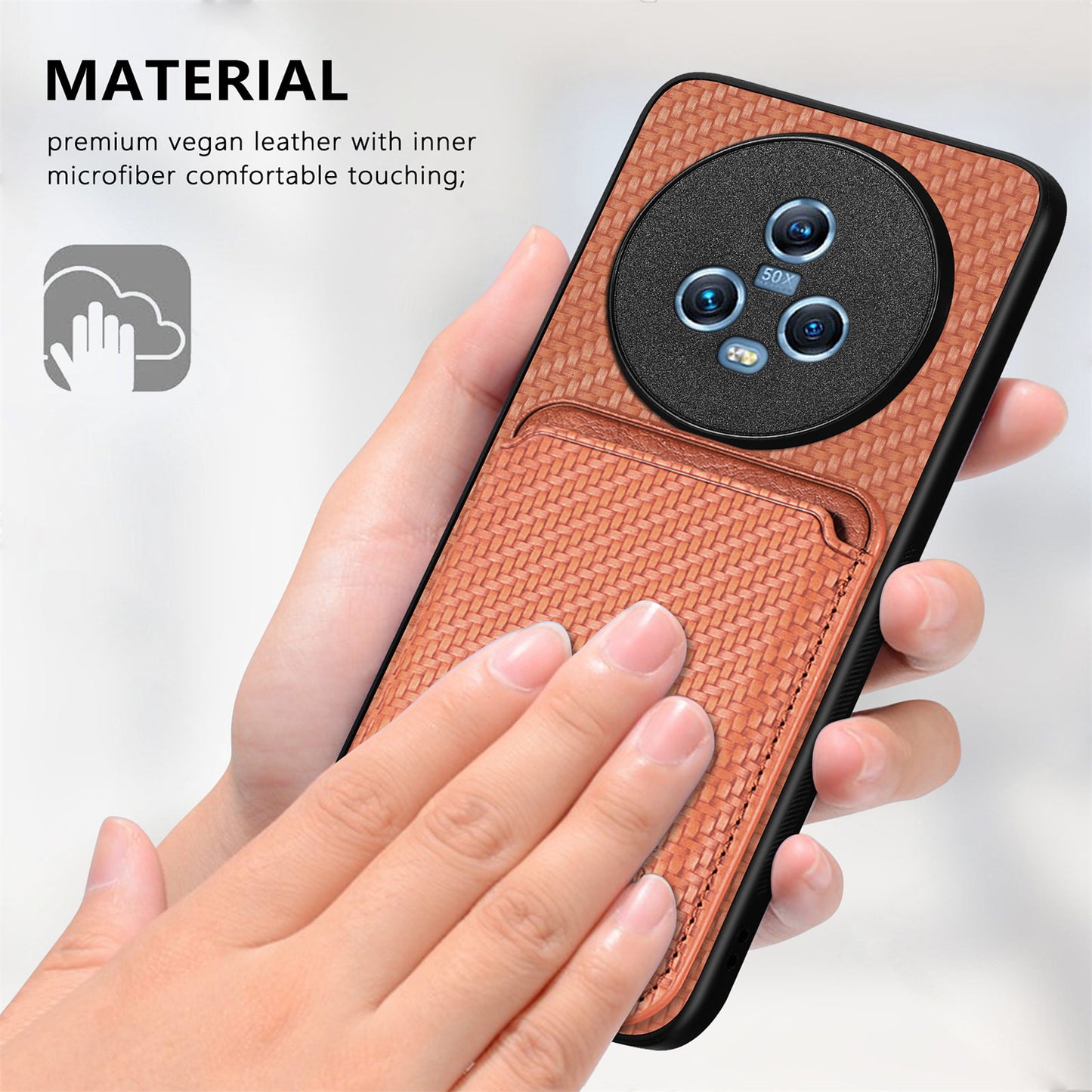 For Honor Magic5 Phone Case Carbon Fiber Texture Leather Coated PC+TPU Cover with Detachable Card Holder
