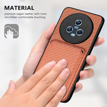 For Honor Magic5 Phone Case Carbon Fiber Texture Leather Coated PC+TPU Cover with Detachable Card Holder