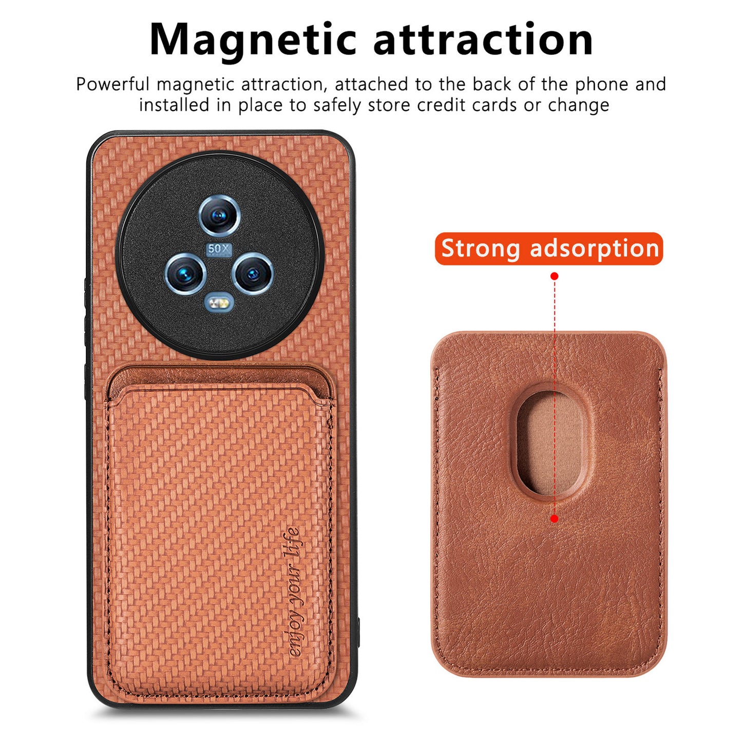 For Honor Magic5 Phone Case Carbon Fiber Texture Leather Coated PC+TPU Cover with Detachable Card Holder