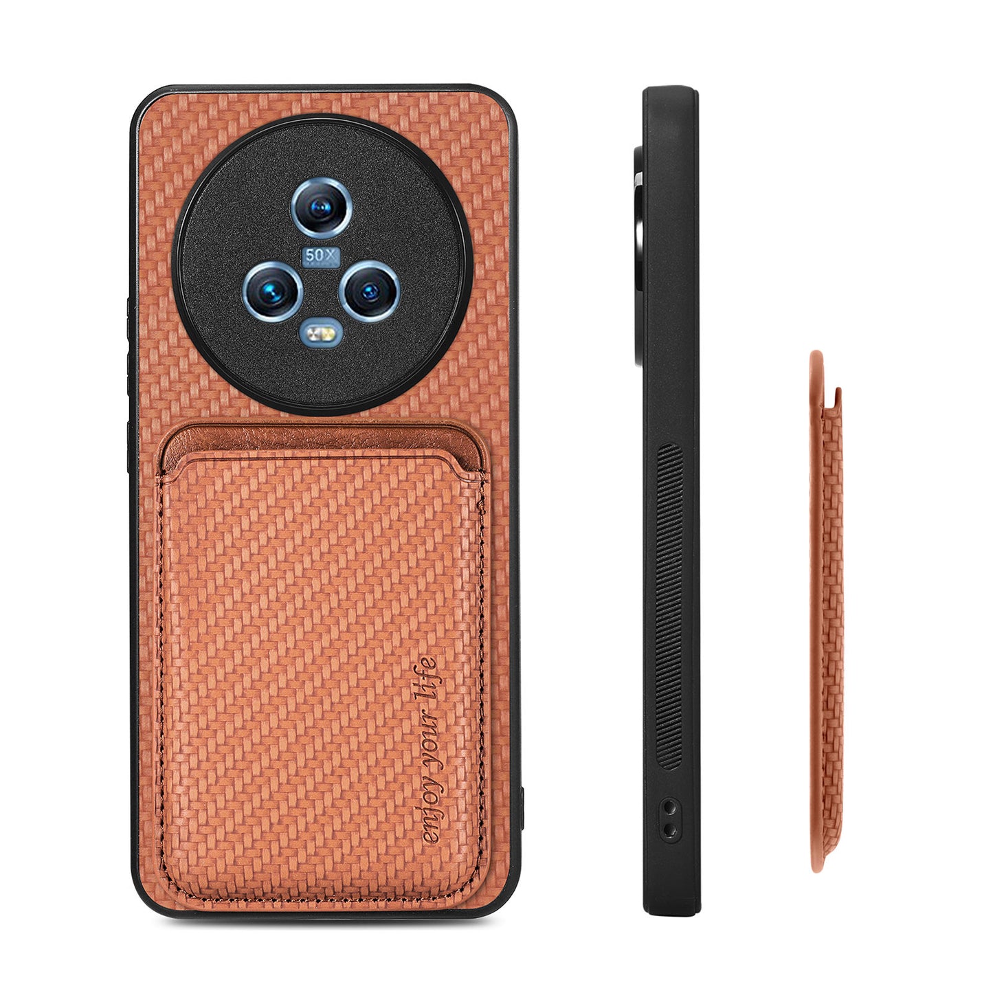 For Honor Magic5 Phone Case Carbon Fiber Texture Leather Coated PC+TPU Cover with Detachable Card Holder