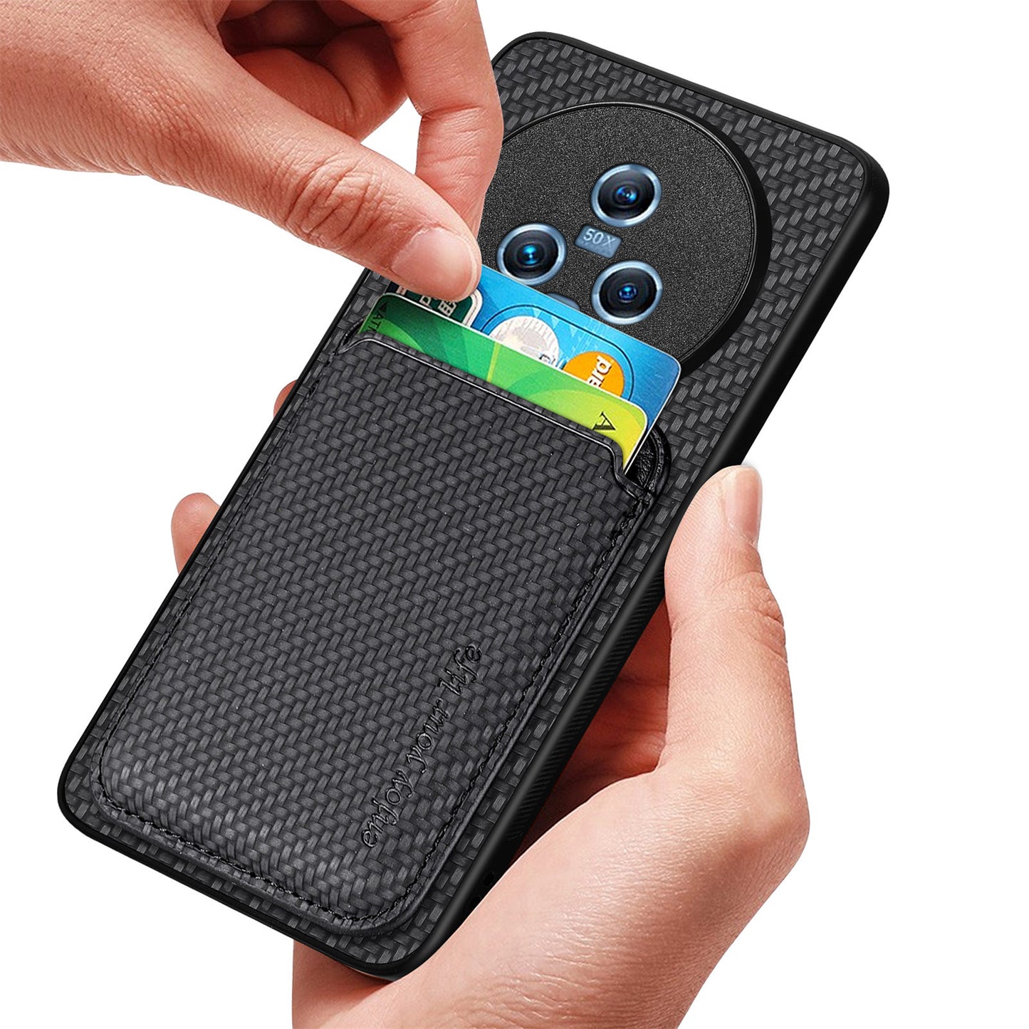 For Honor Magic5 Phone Case Carbon Fiber Texture Leather Coated PC+TPU Cover with Detachable Card Holder