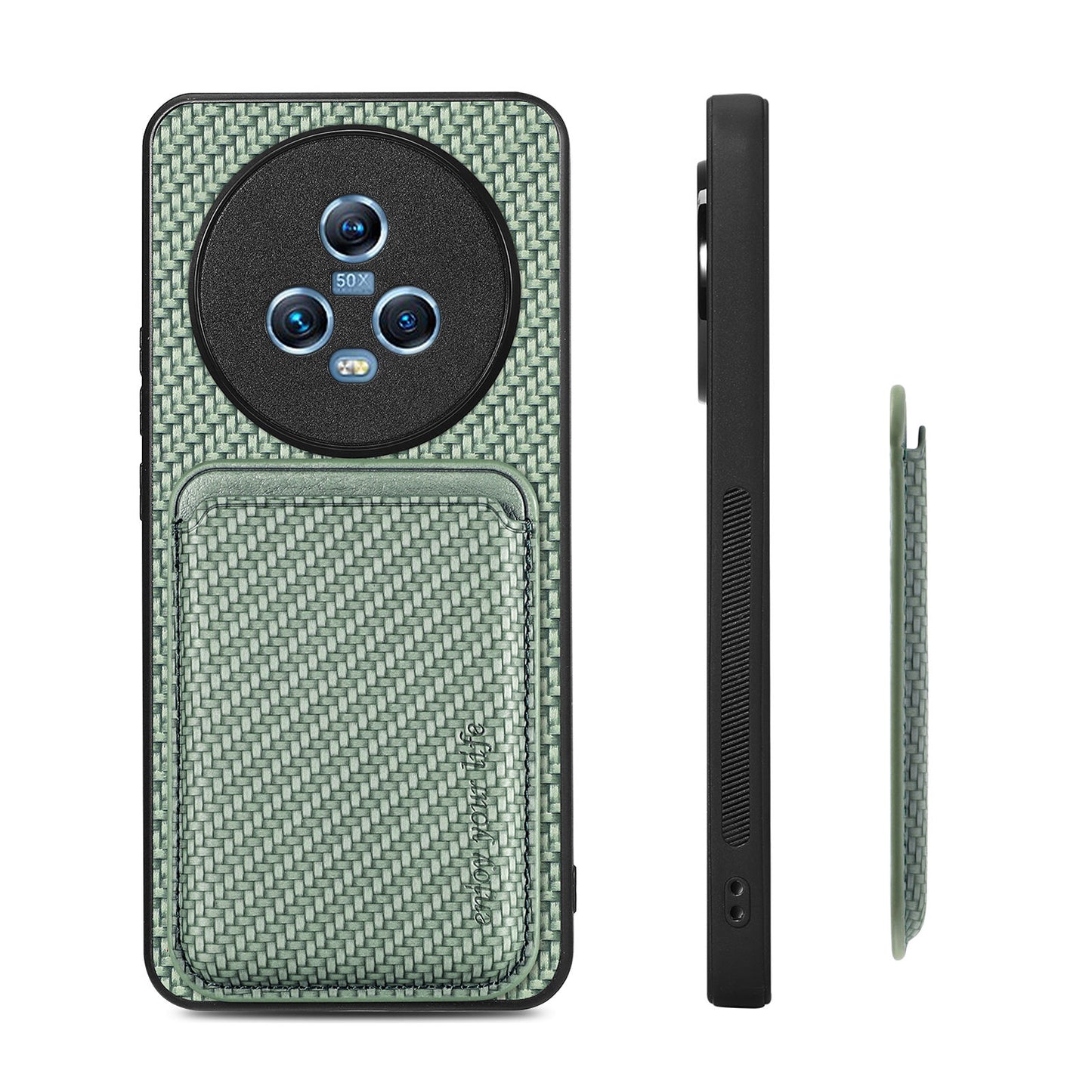 For Honor Magic5 Phone Case Carbon Fiber Texture Leather Coated PC+TPU Cover with Detachable Card Holder