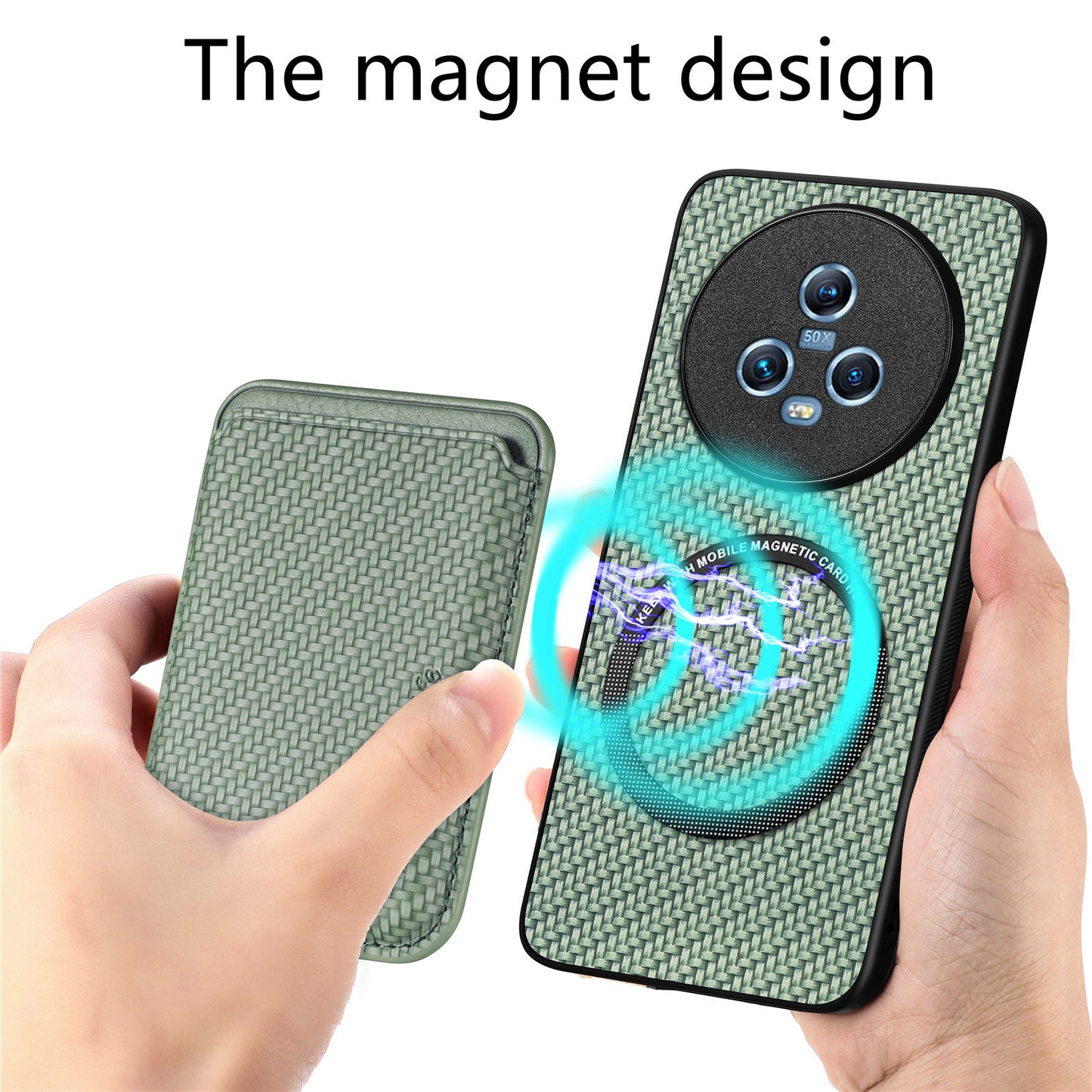 For Honor Magic5 Phone Case Carbon Fiber Texture Leather Coated PC+TPU Cover with Detachable Card Holder