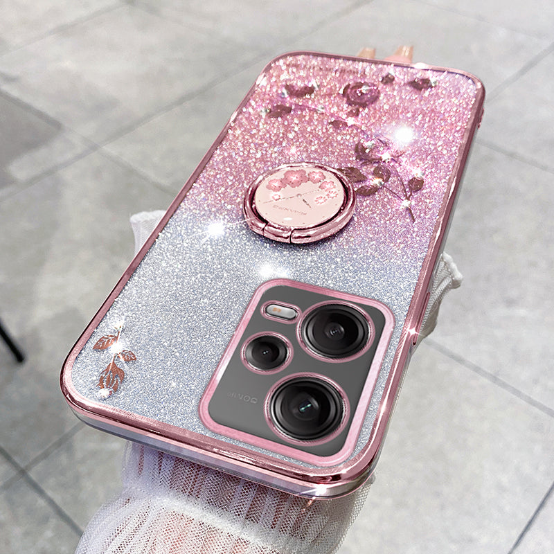 KADEM TPU Case for Xiaomi Redmi Note 12 Pro 5G / 12 Pro+ 5G Electroplating Glitter Gradient Rhinestone Flower Kickstand Phone Cover