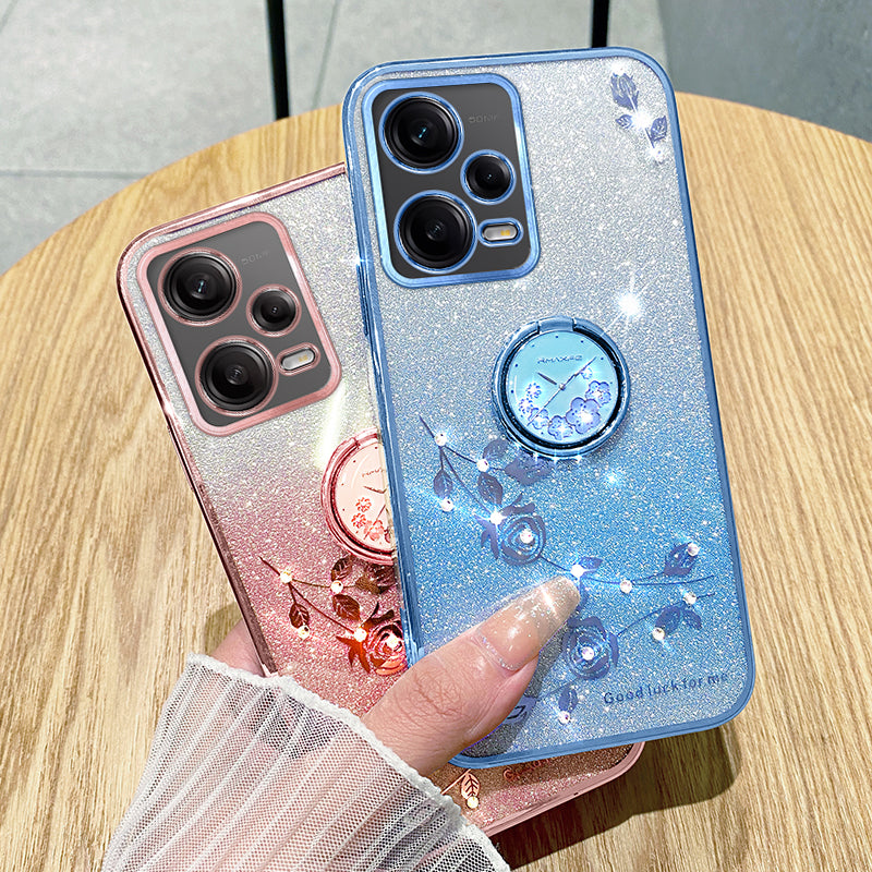 KADEM TPU Case for Xiaomi Redmi Note 12 Pro 5G / 12 Pro+ 5G Electroplating Glitter Gradient Rhinestone Flower Kickstand Phone Cover