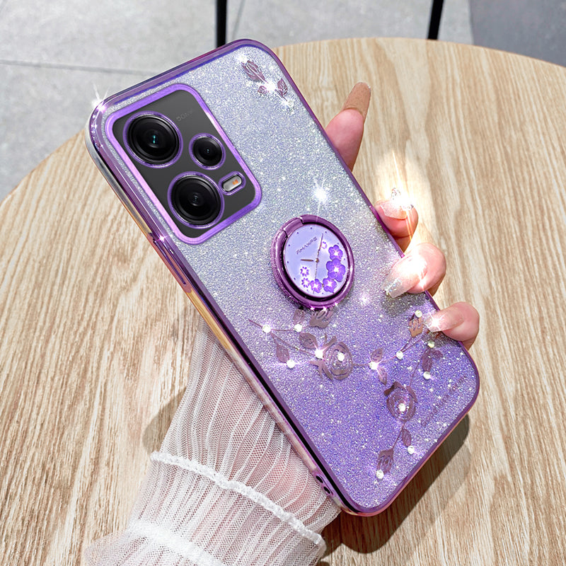 KADEM TPU Case for Xiaomi Redmi Note 12 Pro 5G / 12 Pro+ 5G Electroplating Glitter Gradient Rhinestone Flower Kickstand Phone Cover