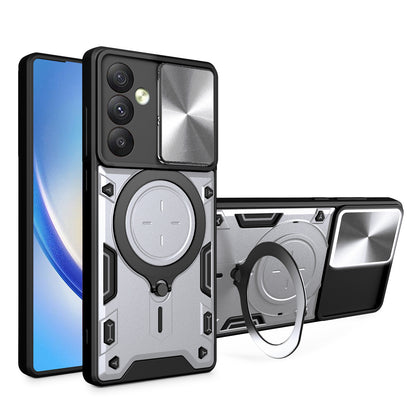 TPU PC Phone Case for Samsung Galaxy A34 5G Kickstand Shockproof Phone Shell with Slide Lens Cover