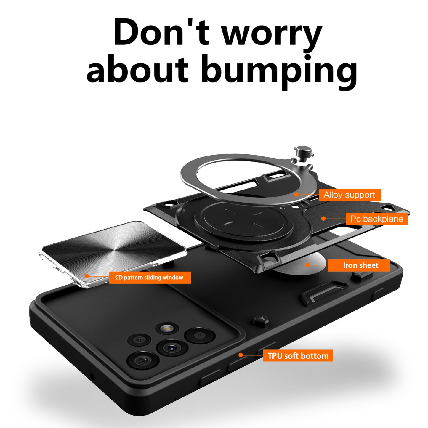 Shockproof Case for Samsung Galaxy A73 5G Anti-Drop Kickstand Cover TPU PC Phone Shell with Slide Lens Lid